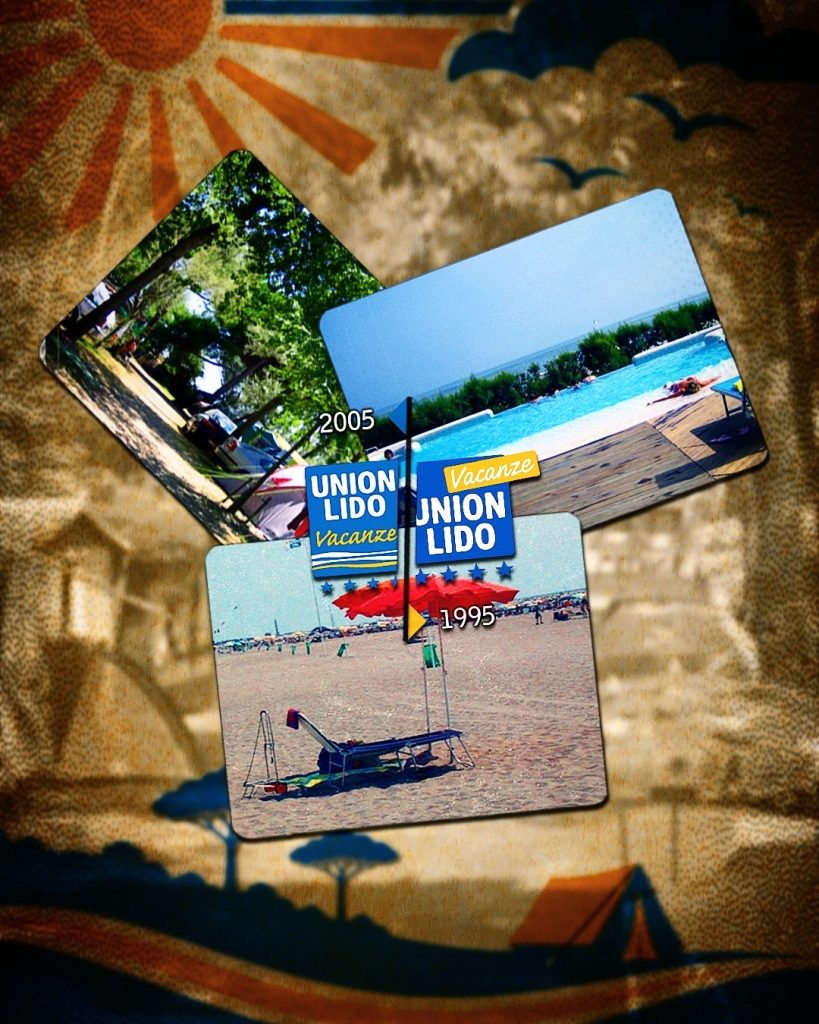 Collage mit historischen Aufnahmen von Union Lido aus den Jahren 1995 und 2005. Zu sehen sind ein schattiger Campingbereich mit Zelten und Bäumen, der Infinity Pool des Marino Wellness mit Blick auf das Meer sowie der Strand mit Sonnenschirmen und Liegestühlen.