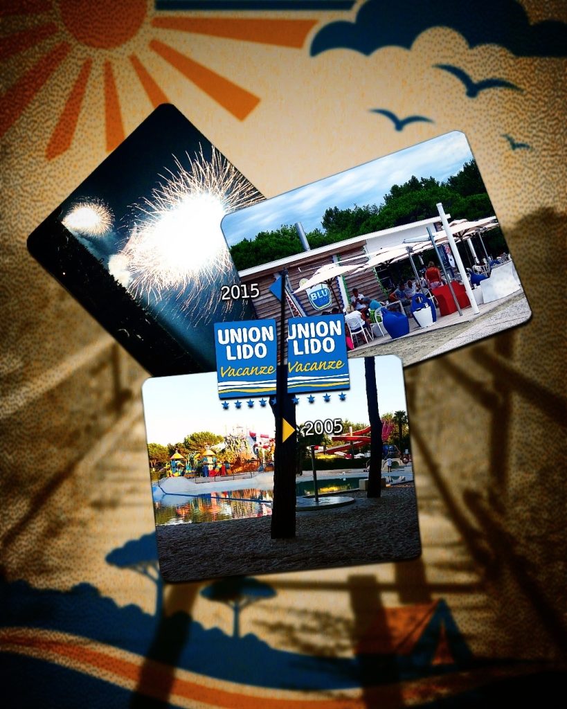 Collage mit Aufnahmen von Union Lido aus den Jahren 2005 bis 2015. Zu sehen sind zwei Union-Lido-Logos aus den Jahren 2005 und 2015 sowie Fotografien des Campingplatzes. Die Aufnahmen zeigen das Feuerwerk Beach on Fire, die Strandbar Bar Blu und den Aqua Park Laguna.