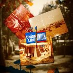 Collage zur Entwicklung des Union-Lido-Logos zwischen 1975 und 1985. Zu sehen sind die beiden historischen Logo-Versionen aus den Jahren 1975 und 1985, kombiniert mit alten Fotografien des Campingplatzes und des Strandlebens.