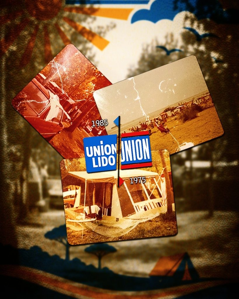 Collage zur Entwicklung des Union-Lido-Logos zwischen 1975 und 1985. Zu sehen sind die beiden historischen Logo-Versionen aus den Jahren 1975 und 1985, kombiniert mit alten Fotografien des Campingplatzes und des Strandlebens.
