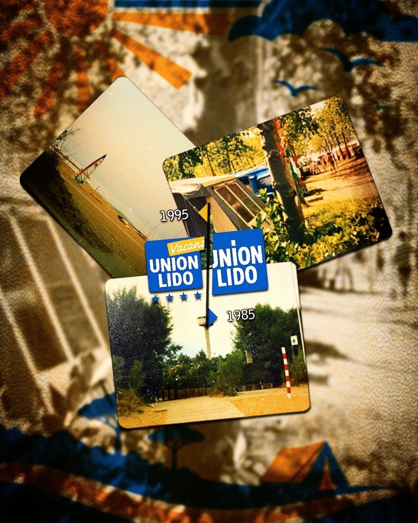 Collage zur Entwicklung des Union-Lido-Logos zwischen 1985 und 1995. Zu sehen sind die beiden historischen Logo-Versionen aus den Jahren 1985 und 1995, kombiniert mit alten Fotografien des Campingplatzes, darunter ein Blick vom Strand zum Wasserturm sowie Aufnahmen der Campingbereiche.