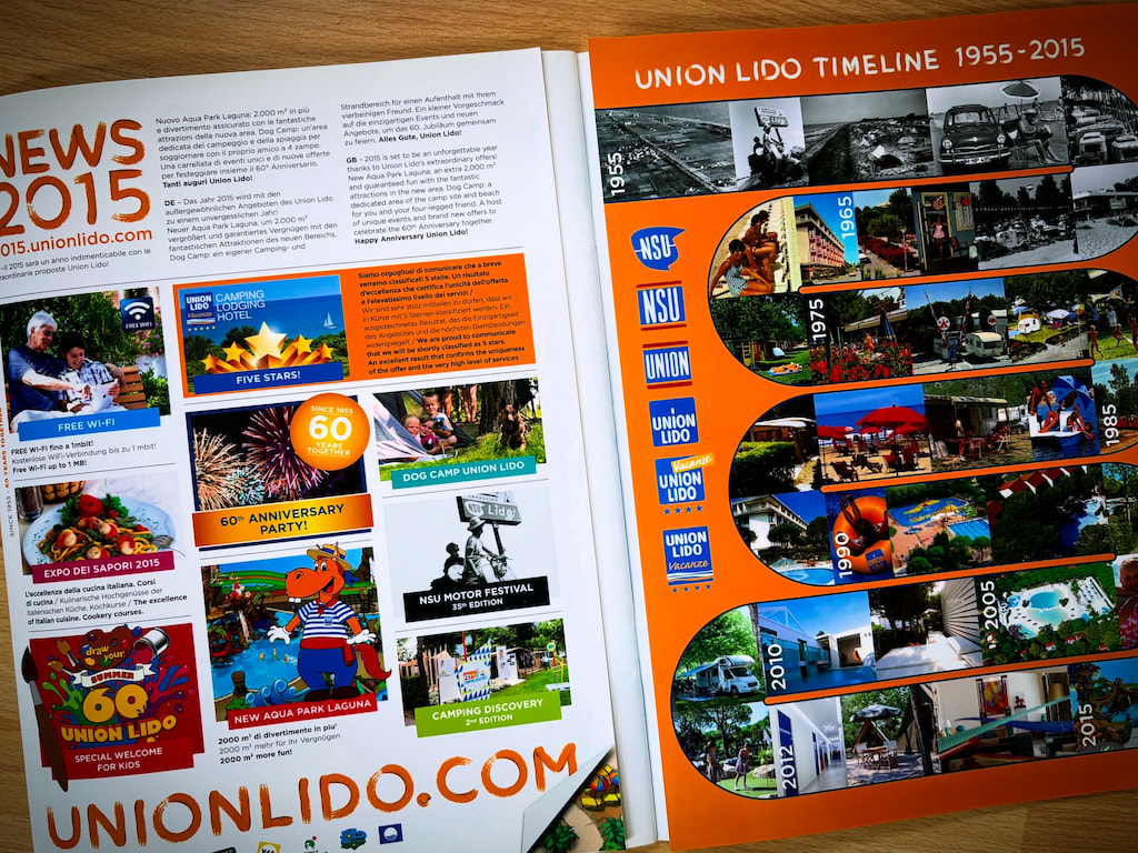 Doppelseite aus einer Union-Lido-Broschüre von 2015 zum 60-jährigen Jubiläum. Zu sehen sind die „Union Lido Timeline 1955–2015“ mit historischen Aufnahmen und verschiedenen Logo-Versionen sowie Rückblicke auf die Angebote und Veranstaltungen des Campingplatzes im Jahr 2015, darunter das Jubiläumsfest mit Feuerwerk und der neue Aqua Park Laguna.