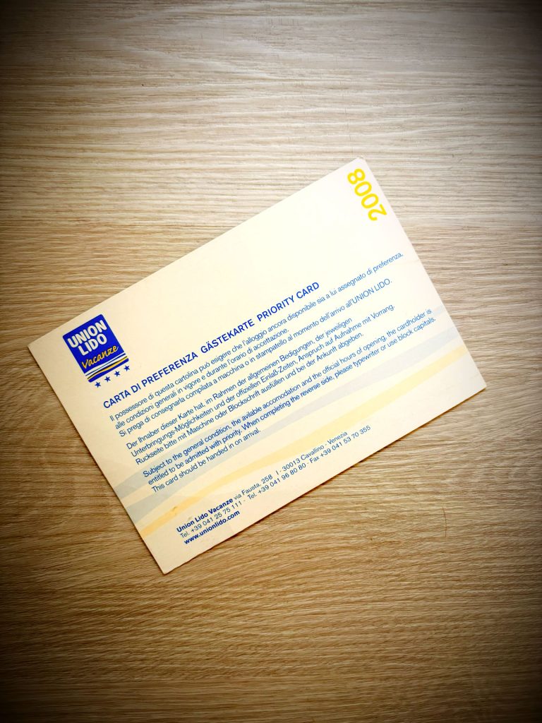 Union Lido Gästekarte aus dem Jahr 2008 mit Informationen zum bevorzugten Einlass und dem Union-Lido-Logo.