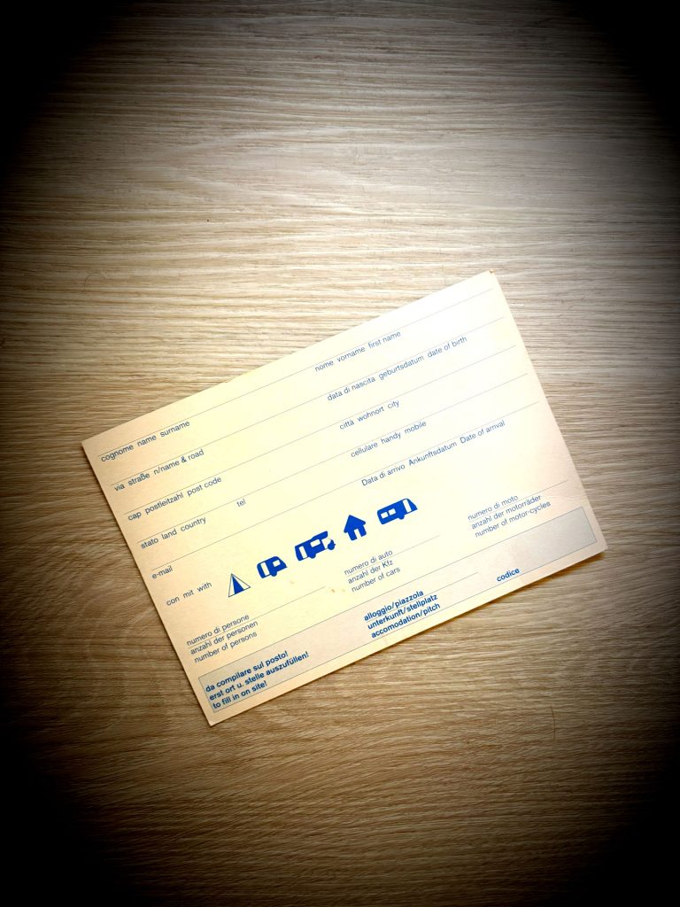 Rückseite der Union Lido Gästekarte von 2008 mit Feldern für persönliche Daten, Ankunftsdatum, Anzahl der Personen, Fahrzeuge und Angaben zum Stellplatz.