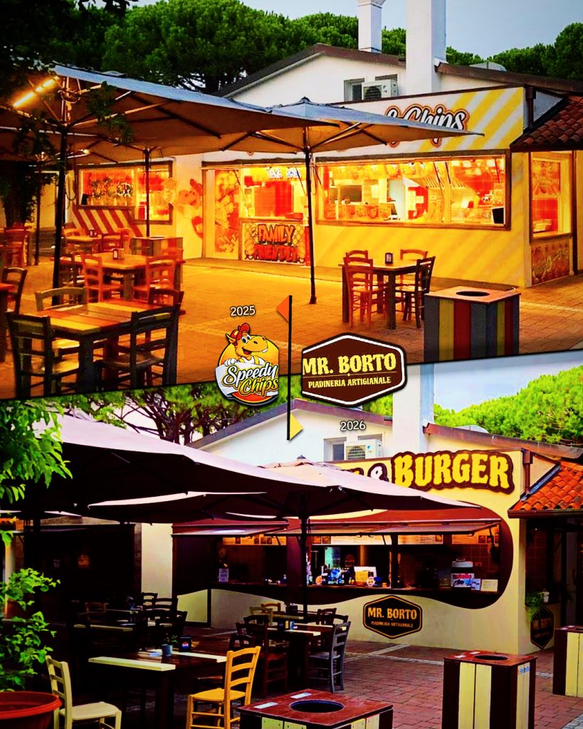 Then-&-Now-Vergleich des Gastronomiebereichs im Union Lido in Cavallino, Italien. Das obere Foto zeigt Speedy Chips aus dem Jahr 2025, während die untere Aufnahme von 2026 Mr. Borto – Piadineria Artigianale am selben Standort zeigt. Der Vergleich dokumentiert die Veränderung des gastronomischen Angebots und des Erscheinungsbildes dieses Bereichs.