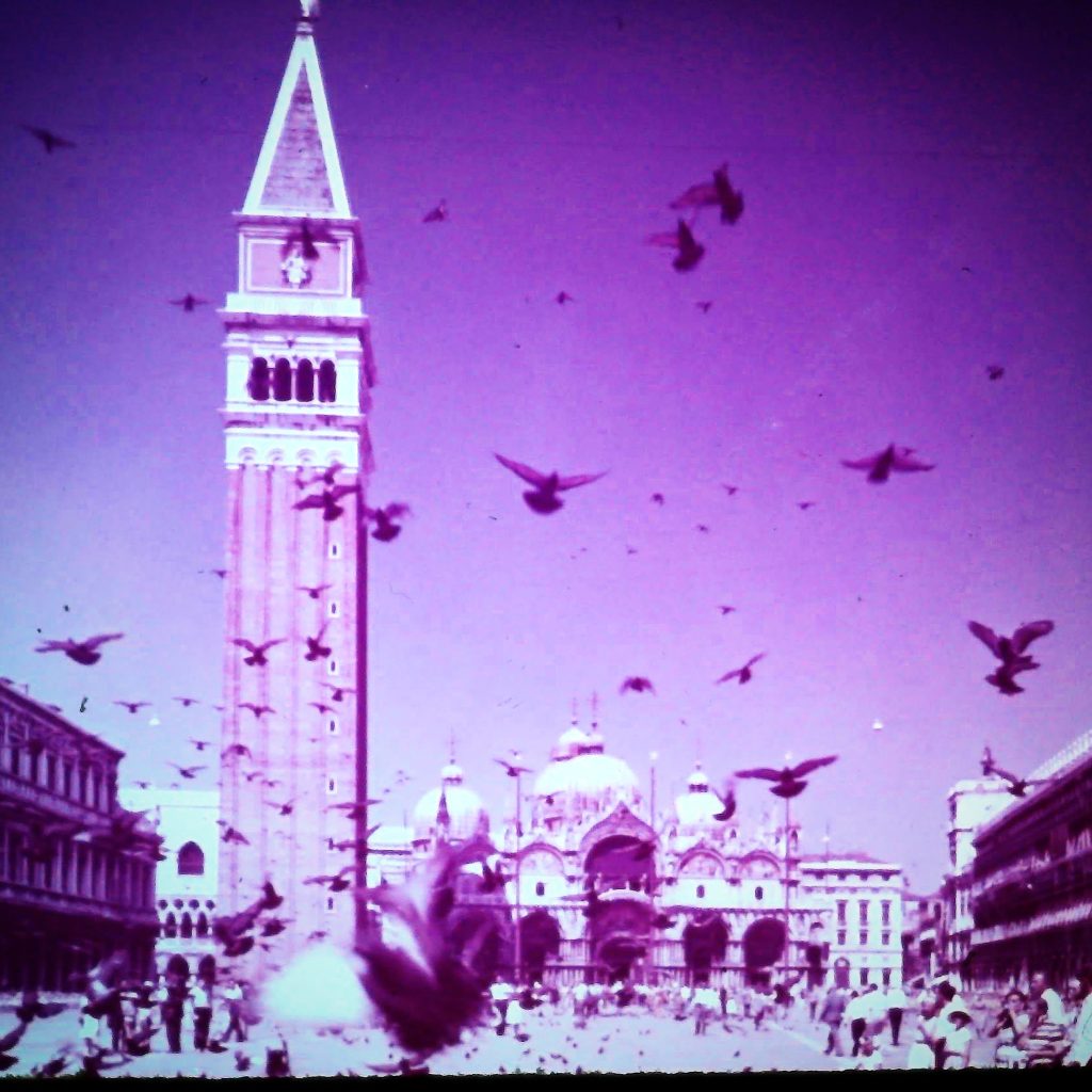 Historische Aufnahme des Markusplatzes in Venedig mit dem Campanile, dem Markusdom und zahlreichen Tauben und Besuchern.