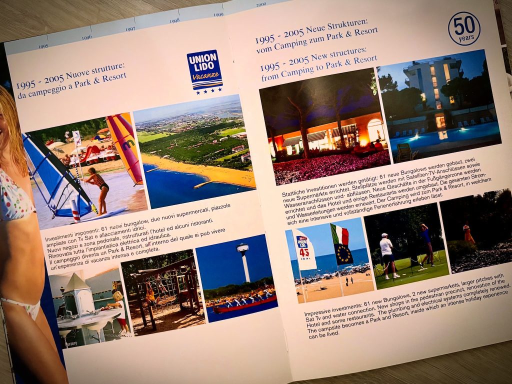 Doppelseite aus dem Jubiläumsbuch „50 Anni di Vacanze Insieme“ zur Entwicklung von Union Lido zwischen 1995 und 2005. Die historischen Aufnahmen zeigen den Strand, den Campingplatz, das Hotel mit Pool sowie verschiedene Freizeit- und Sportangebote.