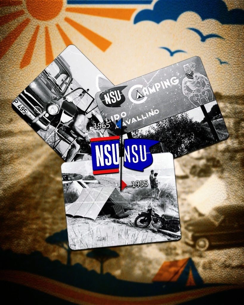 Collage zur Entwicklung des Camping NSU an der Adriaküste in den 1955er und 1960er Jahren. Zu sehen sind historische Farbaufnahmen aus den Jahren 1965 und 1975 mit Badegästen am Strand, Sonnenschirmen, Liegestühlen sowie einer Aufnahme vom Zelten und Camping. Die Bilder vermitteln einen Einblick in das Strandleben und den Campingalltag während der frühen Jahre des Camping NSU in Cavallino, Italien. Das Camping NSU war der Vorläufer des heutigen Union Lido.